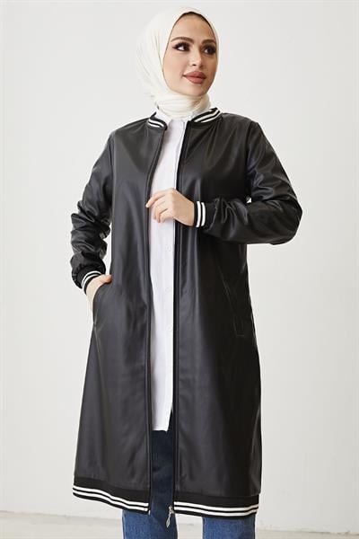 Fermuarlı Kolej Deri Siyah Kap