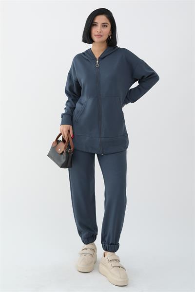 Zippered Elastic Cuffed Anthracite Two-Piece Set