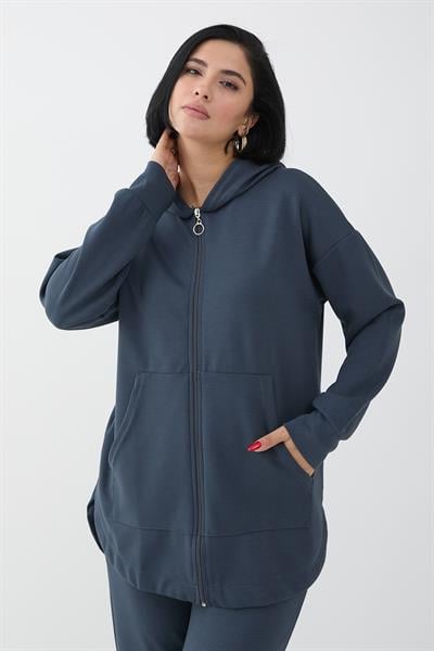 Zippered Elastic Cuffed Anthracite Two-Piece Set