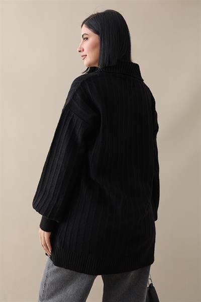 Fermuarlı Peluş Siyah Triko Kazak