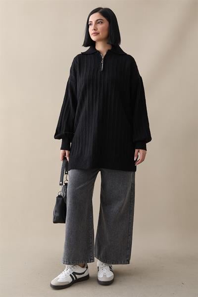 Fermuarlı Peluş Siyah Triko Kazak