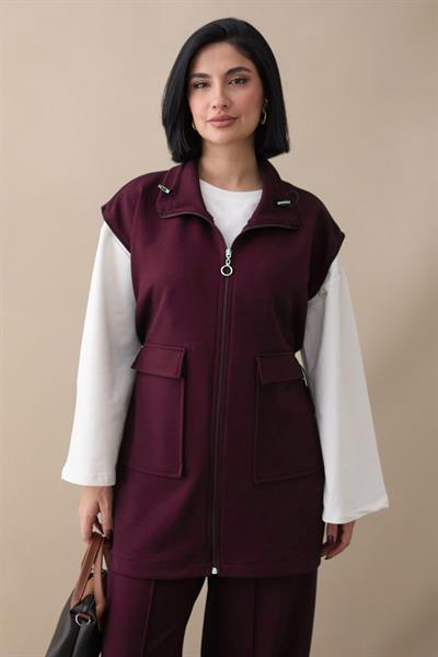 Fermuarlı Yelek Pantolon Bordo İkili Oyşo Takım