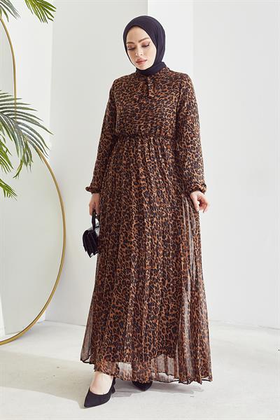 Fiona Desenli Piliseli Şifon Elbise - Kahve