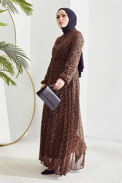 Fiona Desenli Piliseli Şifon Elbise - Kahve