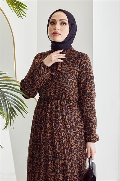 Fiona Desenli Piliseli Şifon Elbise - Kahve