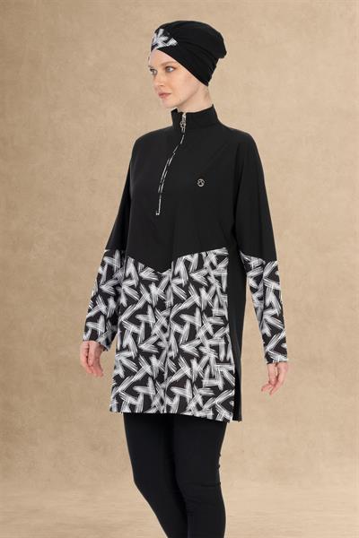 Fırça Desen 4 Parçalı Siyah Tesettür Mayo 6066A