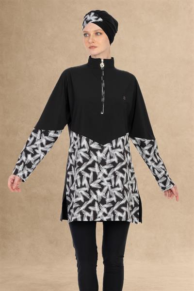 Fırça Desen 4 Parçalı Siyah Tesettür Mayo 6066A