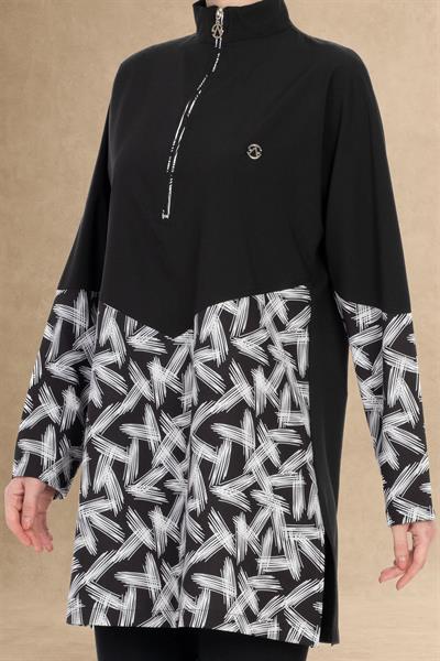 Fırça Desen 4 Parçalı Siyah Tesettür Mayo 6066A