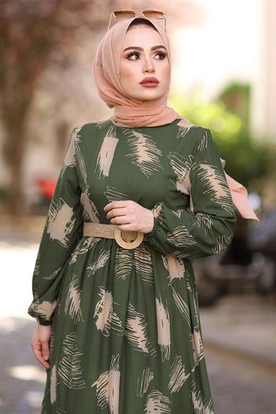Brush Pattern Belted Khaki Dress