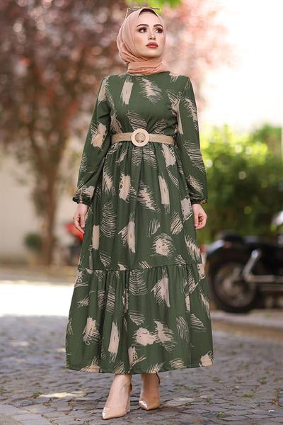 Brush Pattern Belted Khaki Dress