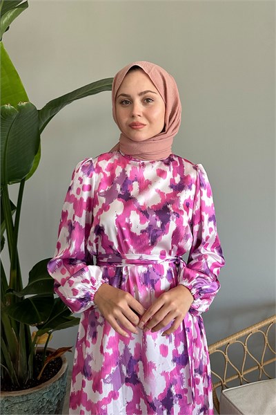 Brush Pattern Fuchsia Satin Dress