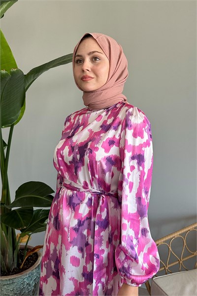 Brush Pattern Fuchsia Satin Dress