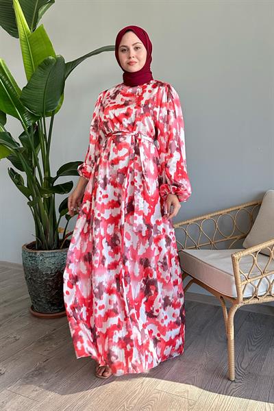 Fırça Desenli Kırmızı Saten Elbise