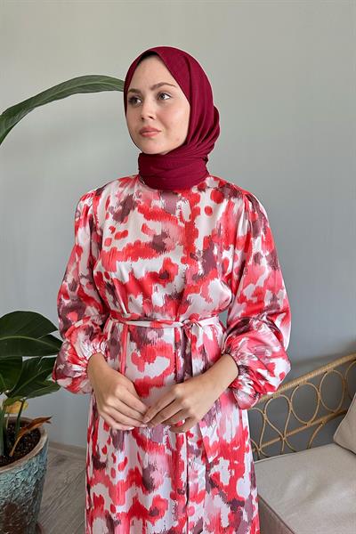 Fırça Desenli Kırmızı Saten Elbise