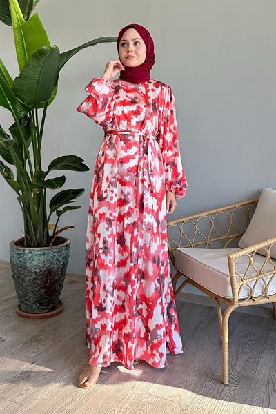 Fırça Desenli Kırmızı Saten Elbise
