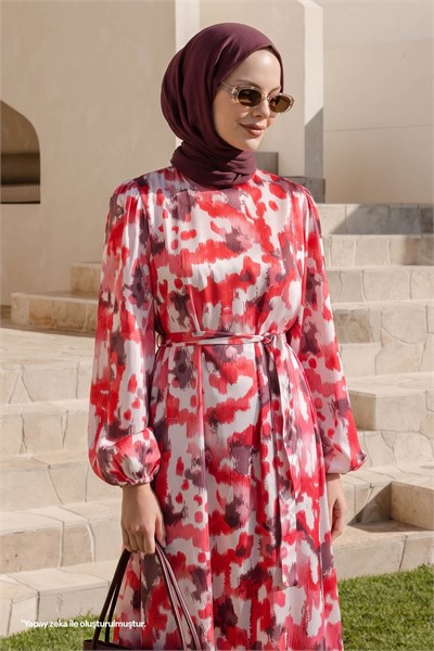 Brush Pattern Red Satin Dress