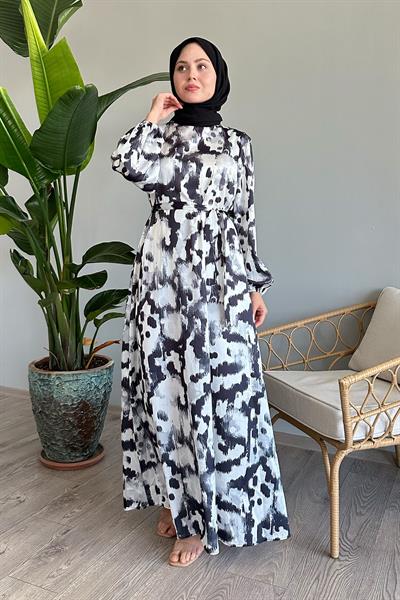 Fırça Desenli Siyah Saten Elbise