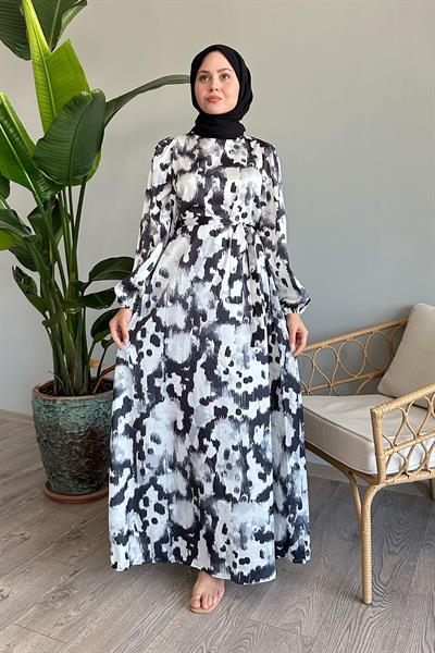 Fırça Desenli Siyah Saten Elbise