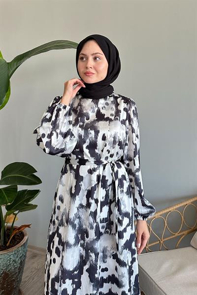 Fırça Desenli Siyah Saten Elbise