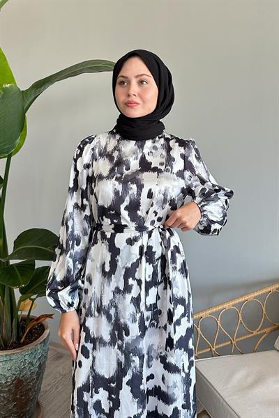 Fırça Desenli Siyah Saten Elbise