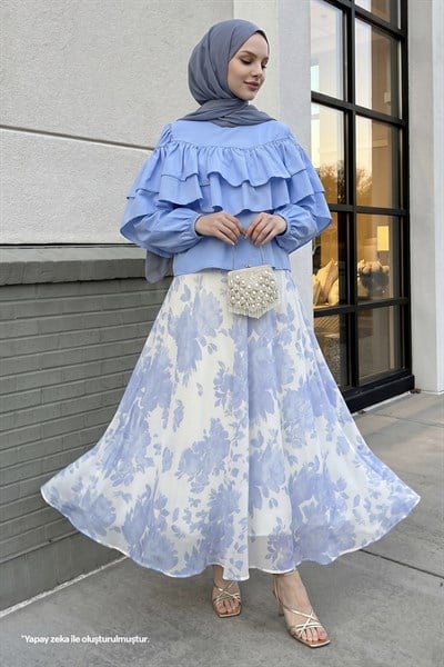 Fırfır Bluzlu Etekli Bebe Mavisi Takım