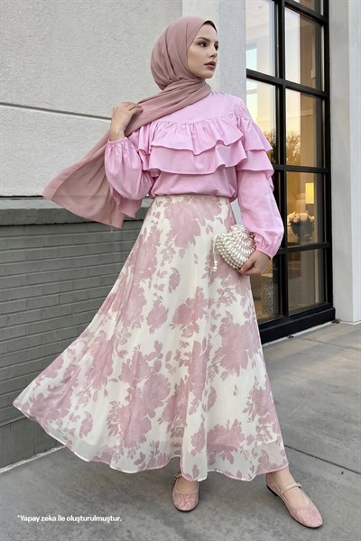 Fırfır Bluzlu Etekli Pembe Takım