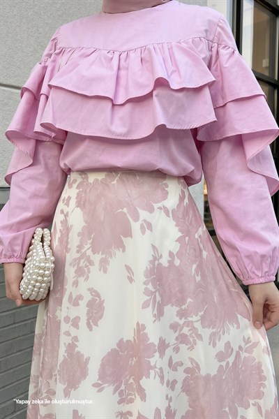 Fırfır Bluzlu Etekli Pembe Takım