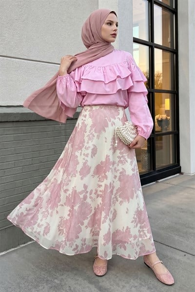 Fırfır Bluzlu Etekli Pembe Takım