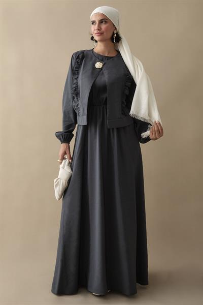 Fırfır Ceketli Modal Antrasit Jile Elbise