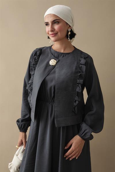 Fırfır Ceketli Modal Antrasit Jile Elbise