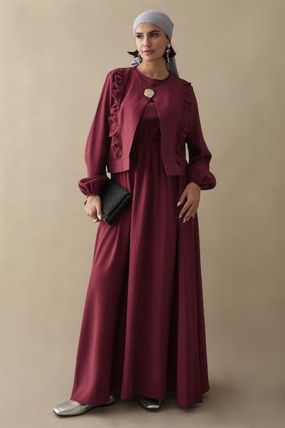 Fırfır Ceketli Modal Bordo Jile Elbise