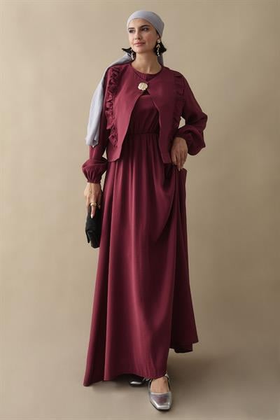 Fırfır Ceketli Modal Bordo Jile Elbise