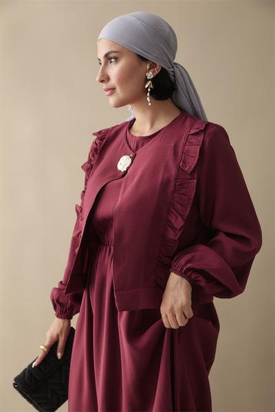 Fırfır Ceketli Modal Bordo Jile Elbise