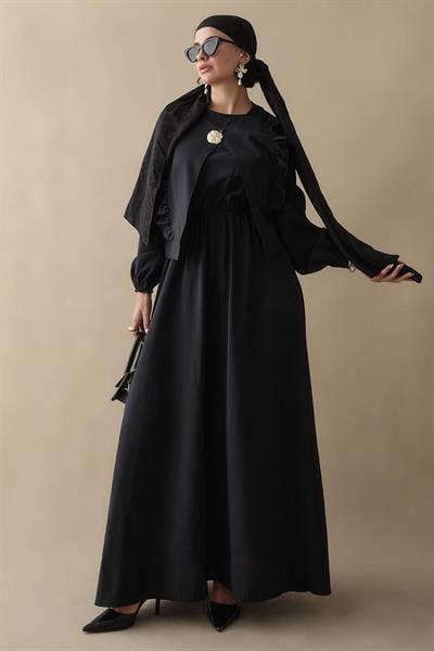 Fırfır Ceketli Modal Siyah Jile Elbise