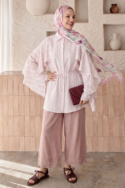 Fırfır Kol Çizgili Pembe Gömlek