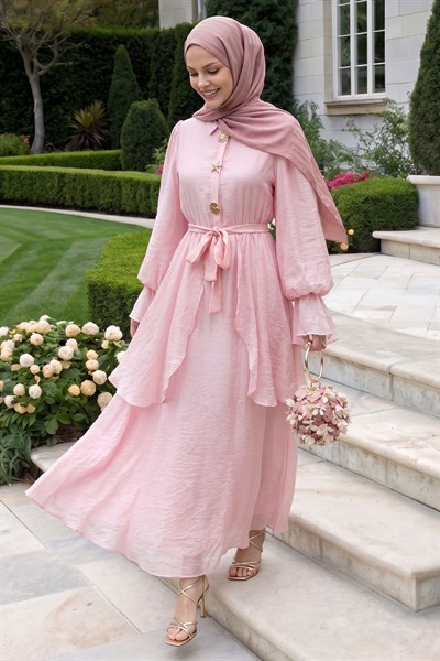 Fırfır Kol Gold Tokalı Açık Pembe Elbise