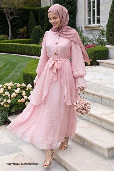 Fırfır Kol Gold Tokalı Açık Pembe Elbise