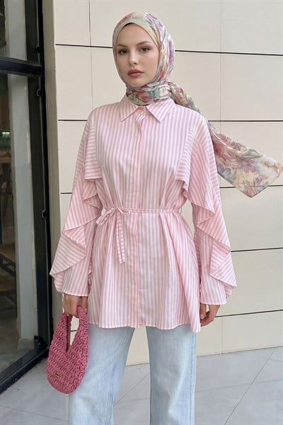 Fırfır Kol İnce Çizgili Pembe Gömlek