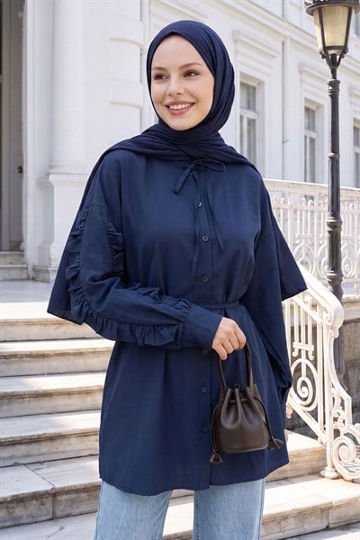 Fırfır Kol Kuşaklı Lacivert Tunik