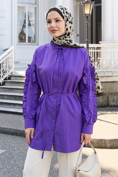 Fırfır Kol Kuşaklı Mor Tunik