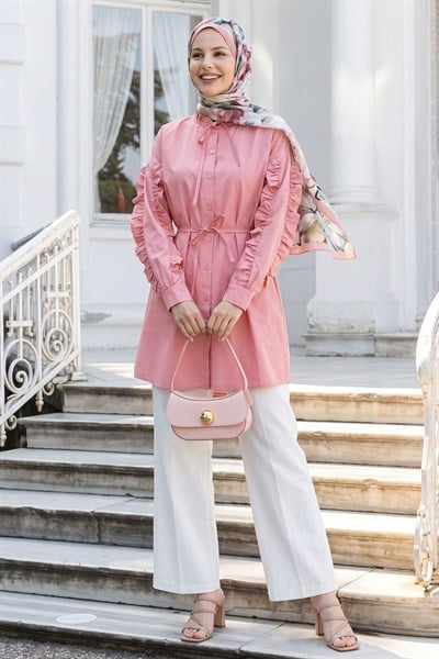 Fırfır Kol Kuşaklı Pembe Tunik