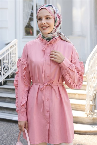 Fırfır Kol Kuşaklı Pembe Tunik