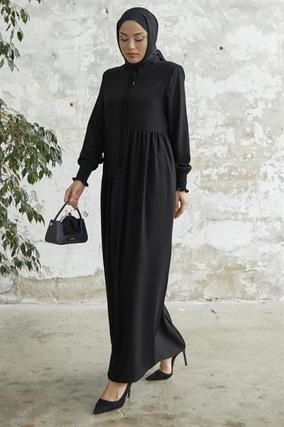 Fırfır Patlı Asimetrik Kesim Siyah Ferace