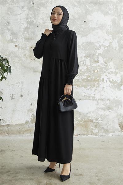 Fırfır Patlı Asimetrik Kesim Siyah Ferace