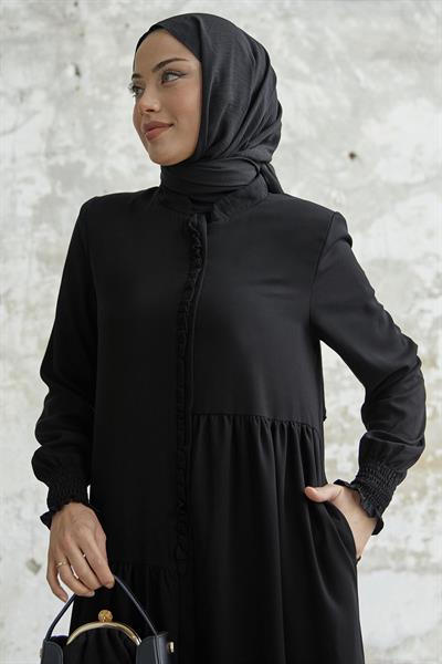 Fırfır Patlı Asimetrik Kesim Siyah Ferace