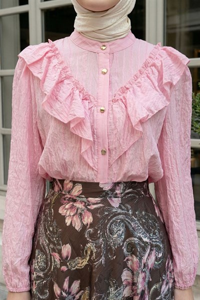 Fırfır Yaka Pembe Gömlek