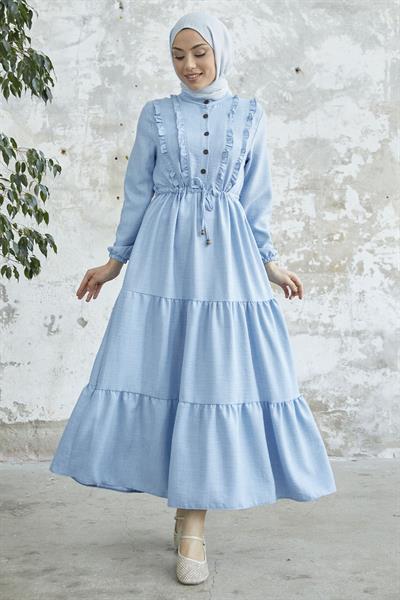 Fırfırlı Detay Düğmeli Bebe Mavisi Ayrobin Elbise
