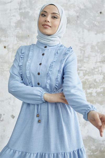 Fırfırlı Detay Düğmeli Bebe Mavisi Ayrobin Elbise