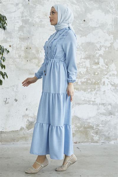 Fırfırlı Detay Düğmeli Bebe Mavisi Ayrobin Elbise