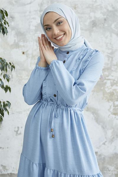 Fırfırlı Detay Düğmeli Bebe Mavisi Ayrobin Elbise